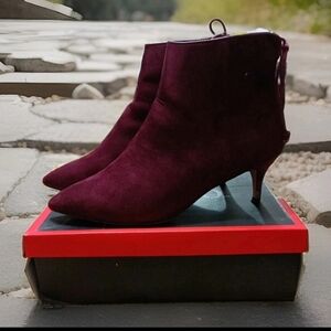 Pointed-Toe Burgundy Suede Kitten Heel Ankle Boots